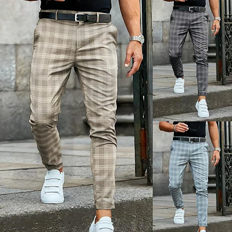 Brand Men's Stripe Plaid Casual Pants Men Cotton Four Seasons High Quality Business Trousers  Slim  Straight Pantalon Homm