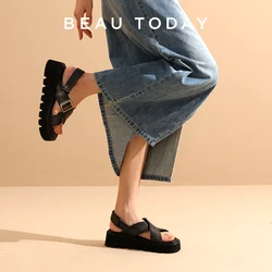 BEAUTODAY Platform Sandals Women Polished Cow Leather Open Toe Cross-tied Solid Metal Strap Summer Ladies Shoes Handmade 38250