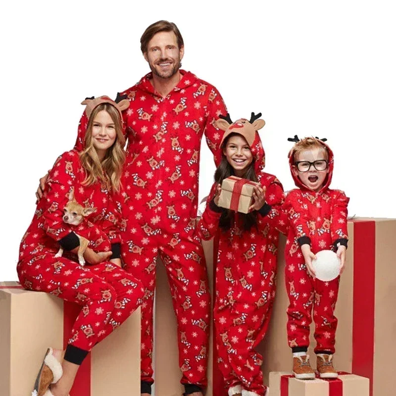 

2026 New Year's Clothes Mom Daughter Dad Son Matching Outfits Christmas Pajamas Elk All Over Print Cute Hooded Zipper Jumpsuits