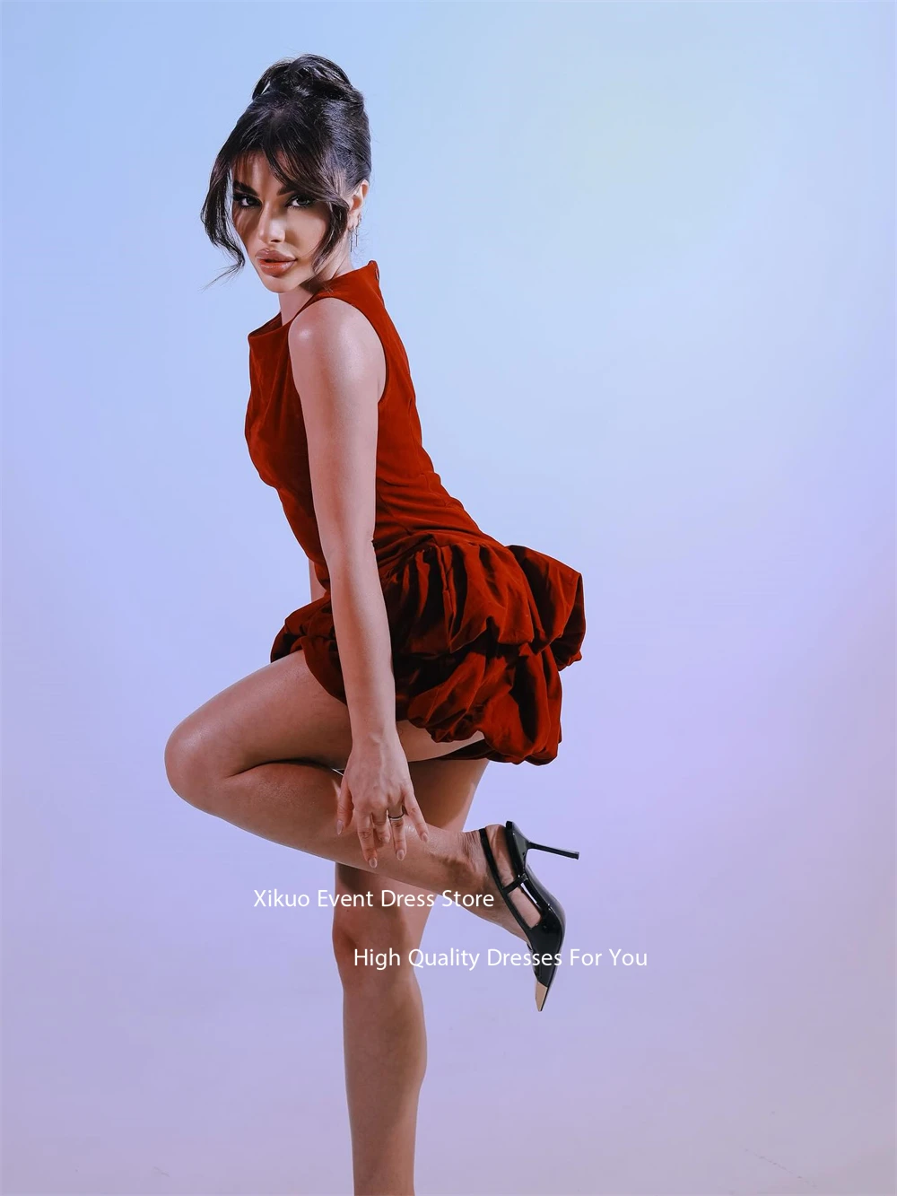 Xikuo elegante sem mangas vestido de baile acima do joelho sob medida ocasião vestidos de noite veludo decote redondo vestidos de noite personalizados