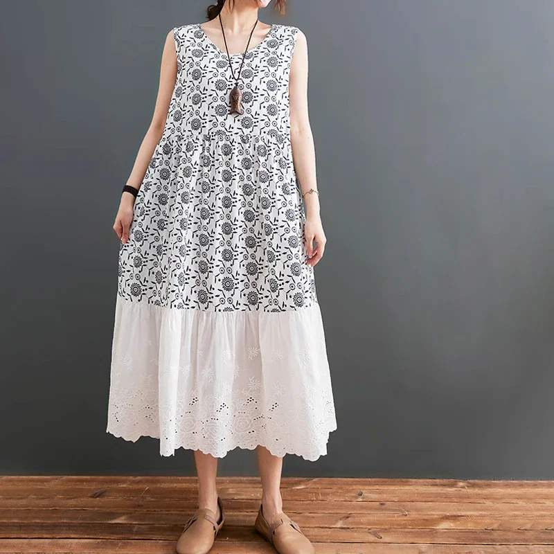 

2024 Summer New Korea Woman Dress Vestidos Robe Ete Femme Elbise Loose Cotton Linen Patchwork Lace Sleeveless Long Dresses