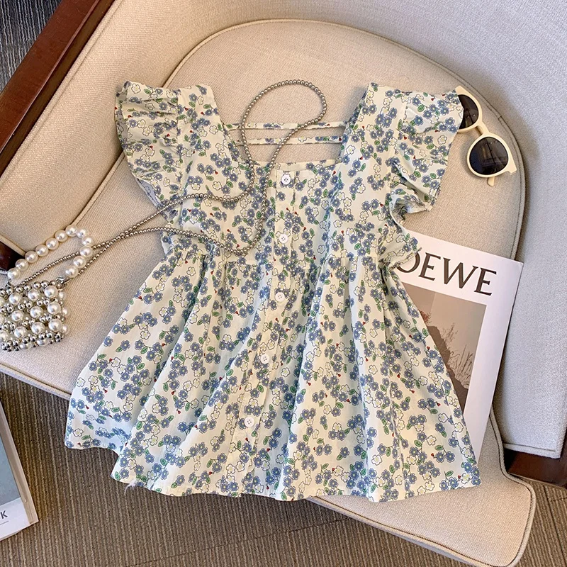 

Summer 2026 New Design Floral Print Square Collar Fly Sleeve Chiffon Shirt Women's Cute Doll Top Korean Style Loose Fit Short...