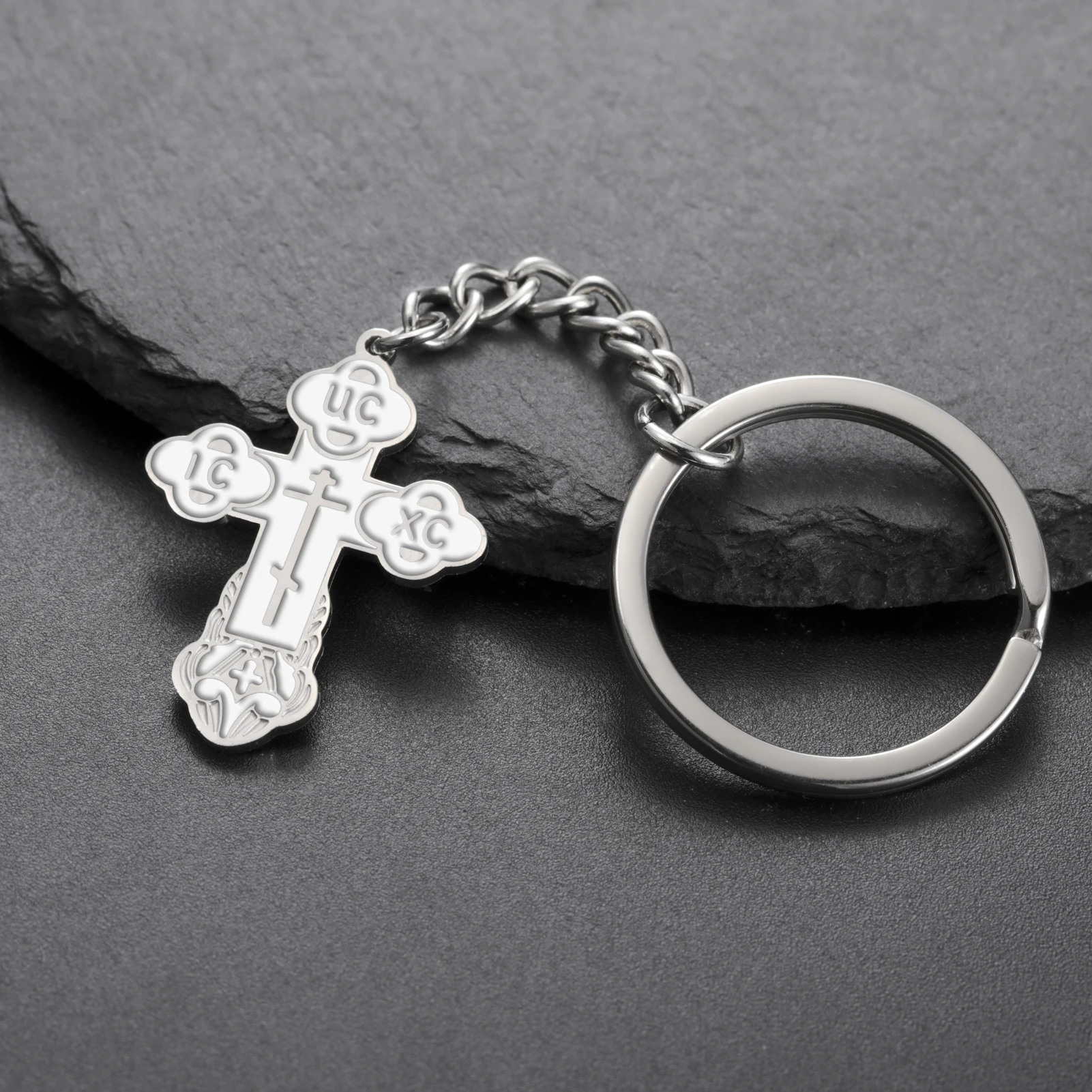 COOLTIME Edelstahl-Kreuz-Anhänger-Schlüsselanhänger, östliche orthodoxe Inschriften, Amulett-Schlüsselanhänger, christlicher Gebetsschmuck – Detail 6
