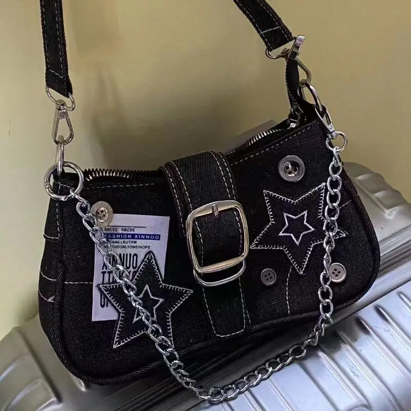 

Y2K Millennium Star Denim Underarm Bag Faion Trend Small Design Crescent Bag Canvas Handbag Chain Bag Daily Match