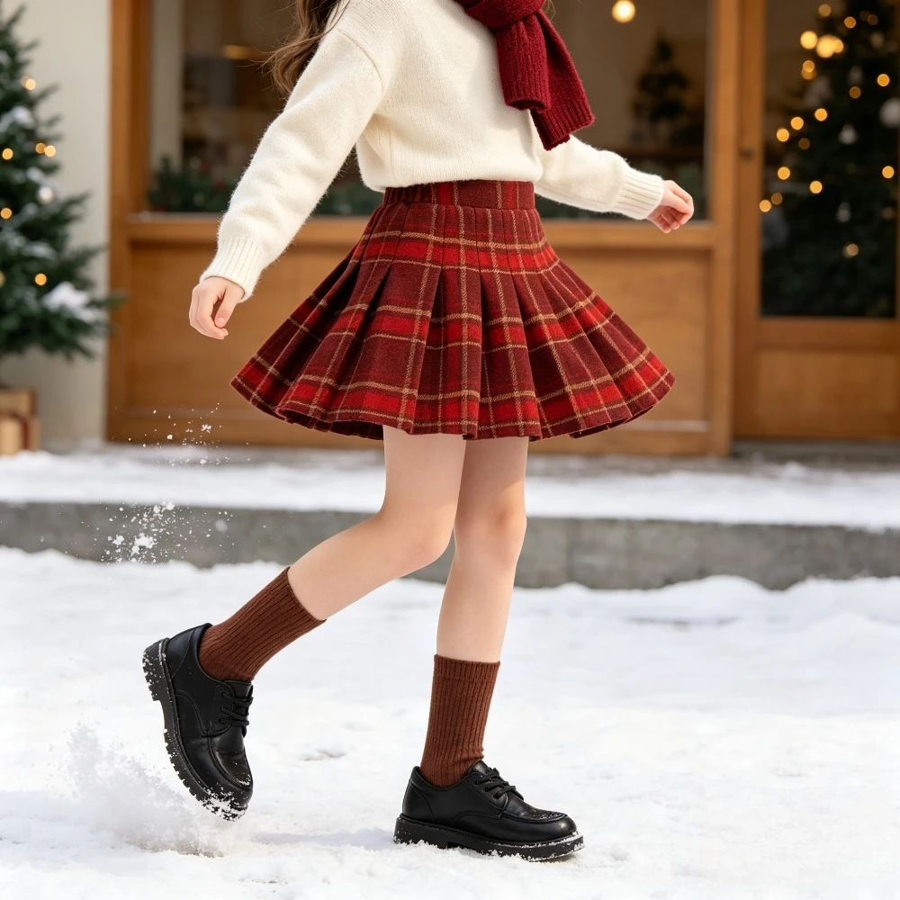 Girls Vintage Plaid Wool Skirt High Waist A-Line Shorts Skirt Kids Elegant Winter Party Outfit Christmas New Year Wear Bottoms