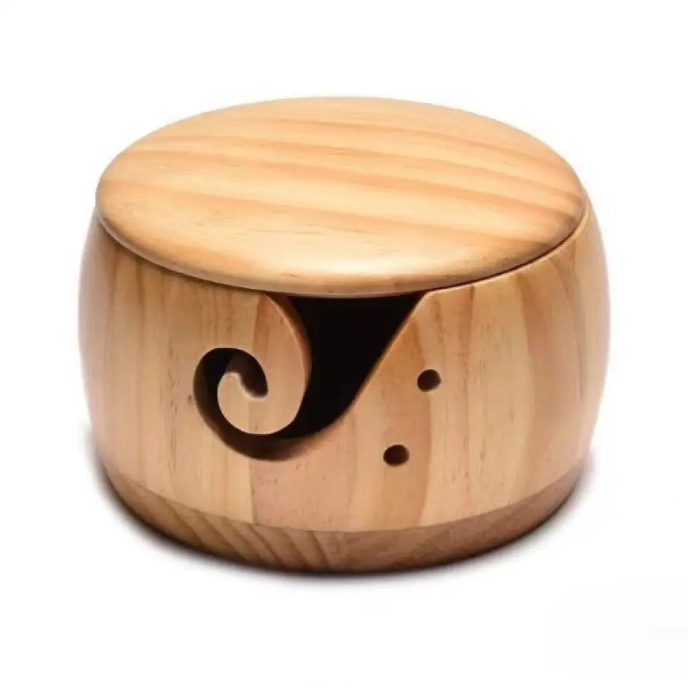 Handmade Teak Wood Yarn Bowl Knitting Crochet Storage Organizer Natural Wooden Container For Craft Supplies Tool Holder