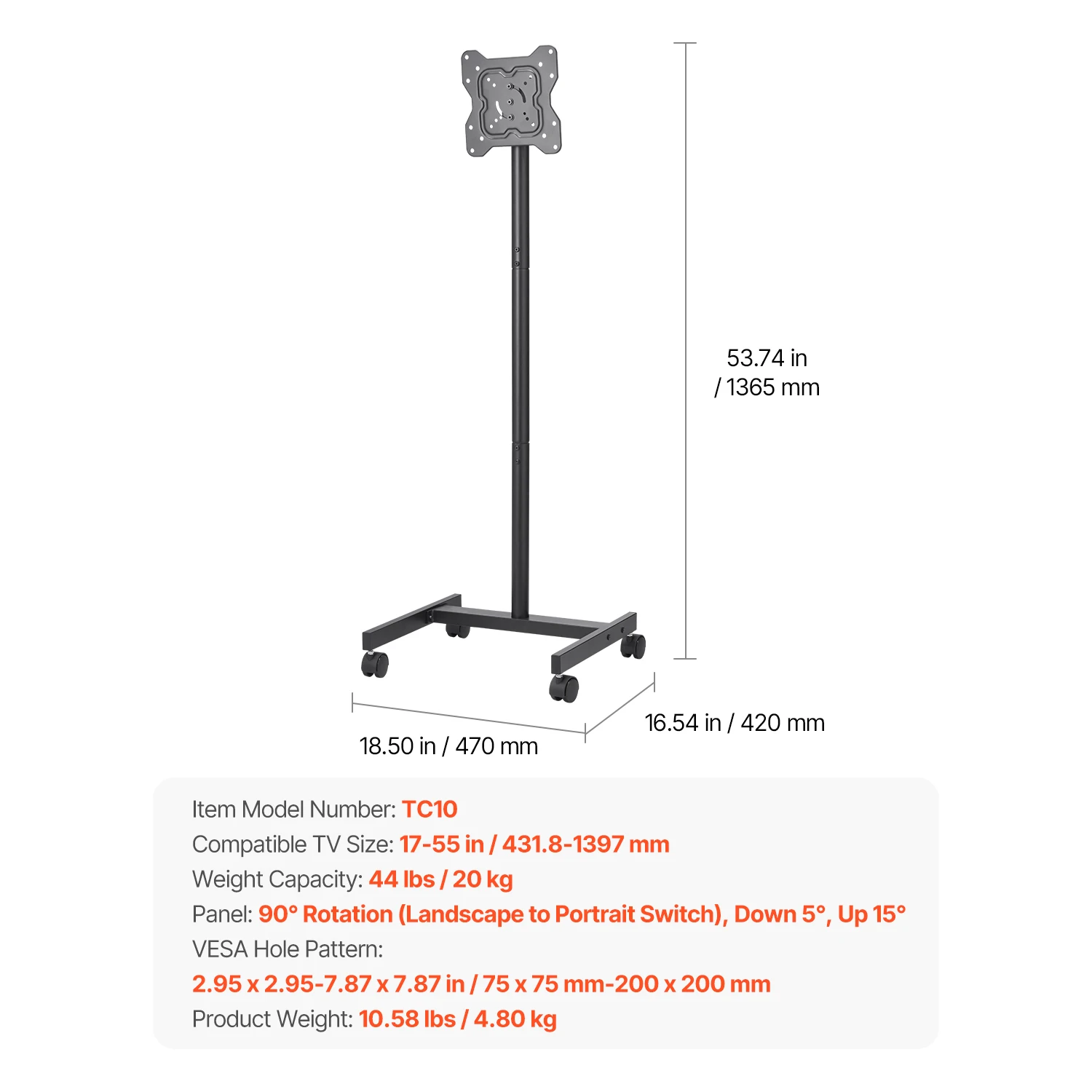 SucceBuy Rolling TV-standaard Mobiele TV-wagen Pak voor verschillende maten TV Draagbare TV-standaard met wielen voor woonkamer Slaapkamer Kantoor - afbeelding 1
