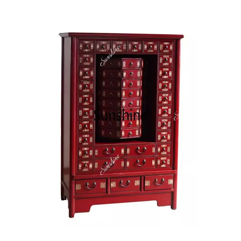 Solid wood Chinese-style red multi-drawer cabinet, used medicinal herb storage cabinet