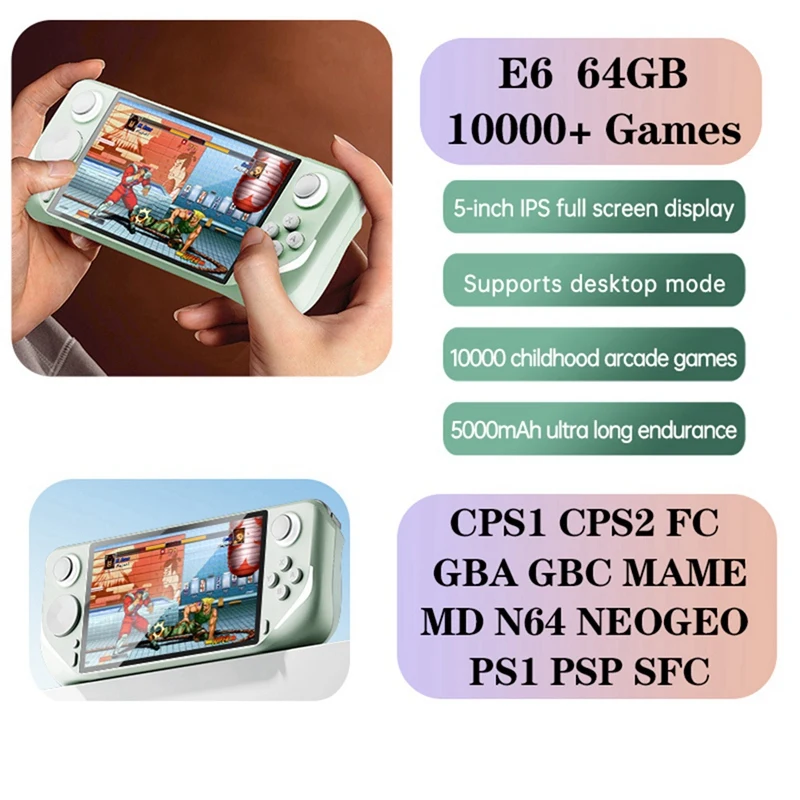 E6 คอนโซลเกมมือถือ 64GB หน้าจอ 5 นิ้วรองรับ GBA GBC PSP PS1 N64 เกมคอนโซล C