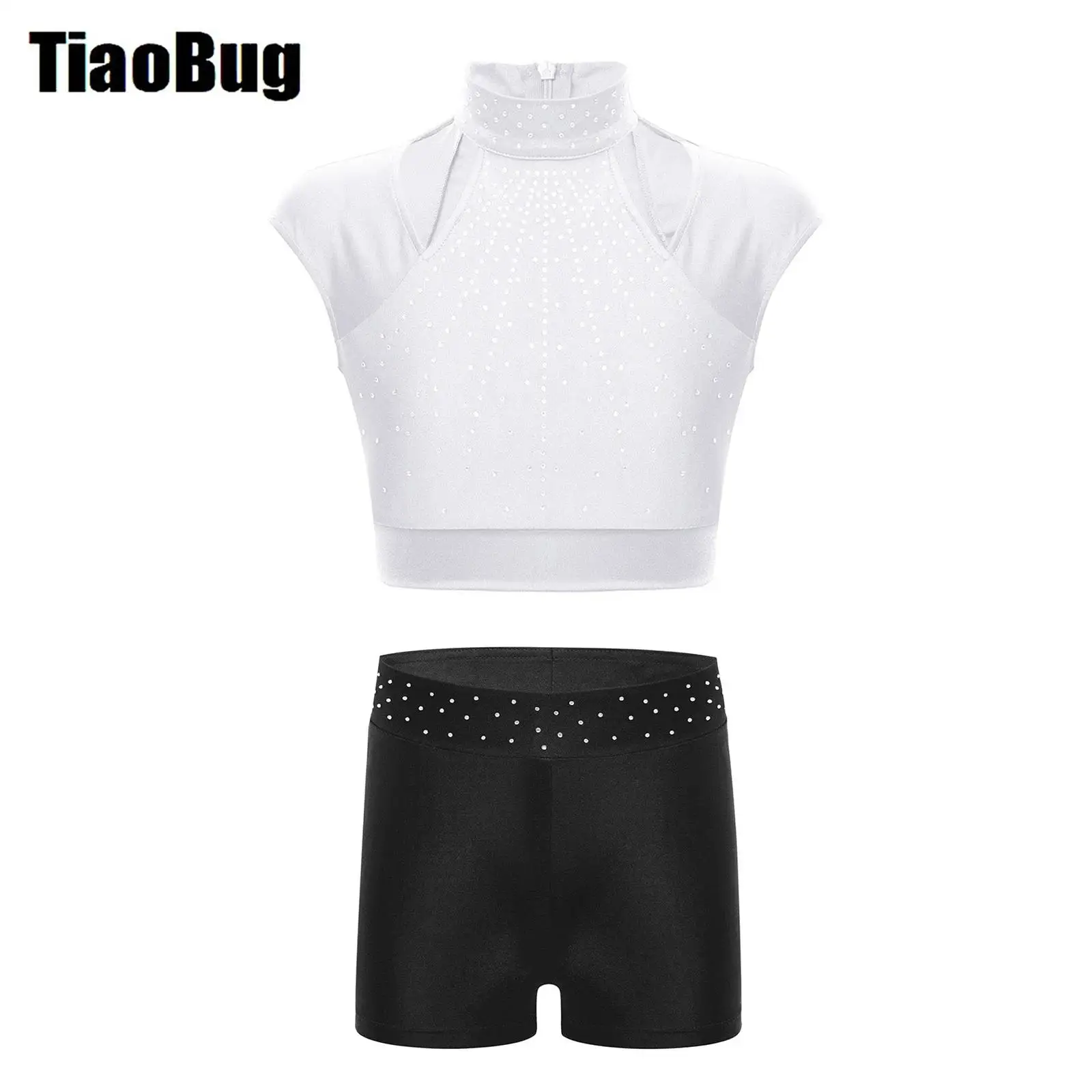 

Kids Girls Latin Ballet Dance Outfits Cutout Crop Top with Shiny Rhinestones Waistband Shorts for Dance Gymnastics Performance