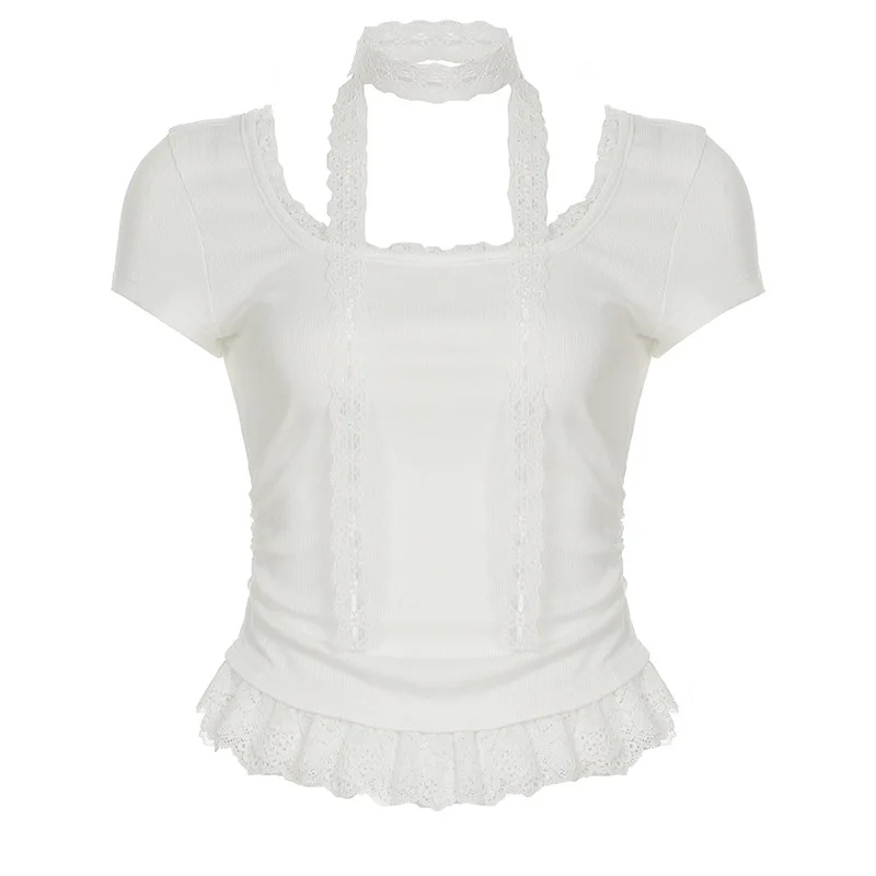 Chic Simple Lace Spliced Causal T-shirt For Women Solid Color Sexy Shirring Short Tee With Ribbon Summer Grey O-neck Tops Blouse