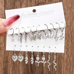 9-Pair Fashion Instagram Style Five Pointed Star Love Snake Butterfly Rose Ear Buckle Set with Minimalist Trendy Earrings