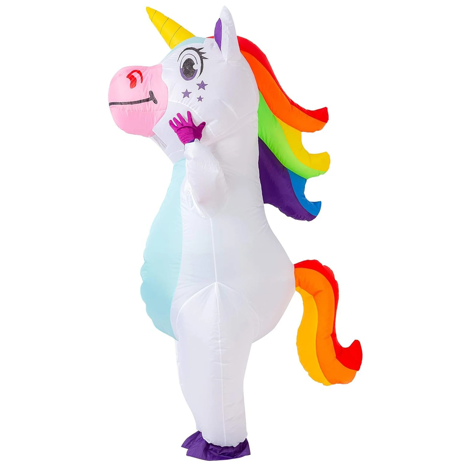 Déguisement de licorne gonflable pour adultes, idéal pour Halloween, carnaval et fêtes costumées.