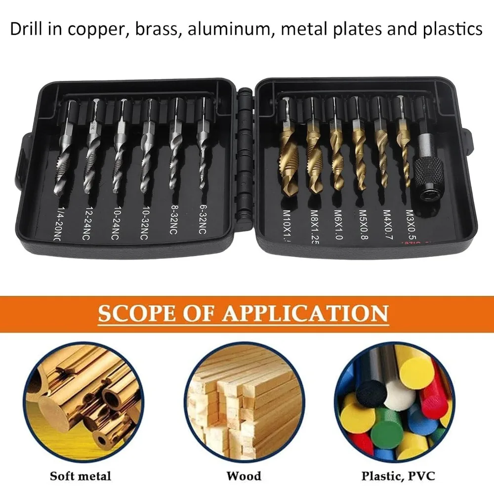 High speed steel Tap Drill Bit Set High Hardness Silver Gold Combined Tap Drill Bits Plastic Case Wear Resistant