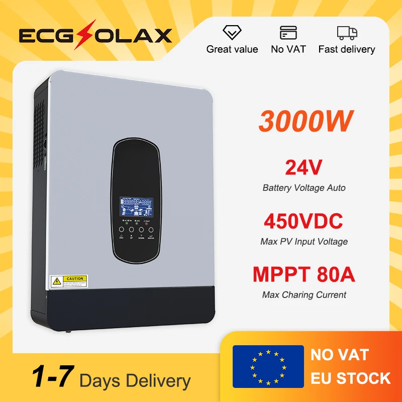 ECGSOLAX 3KW 24V Inverter solare ibrido 230Vac MPPT 80A Regolatore di carica Off-Grid Sistema di ricarica solare Inverter