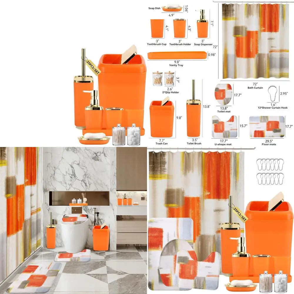 

Orange Bathroom Decor Set: Shower Curtain, Rugs, Trash Can, Dispenser, and Dish