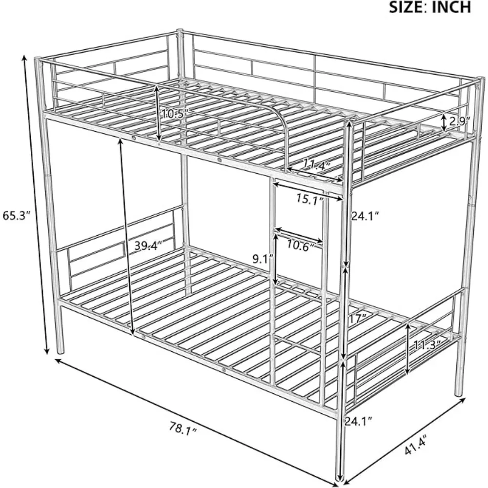 Twin Over Twin Metal Bunk Bed Trundle Frame with 2 Side Ladders Convertible Bunkbed Safety Guard Rails,No Box Spring Needed