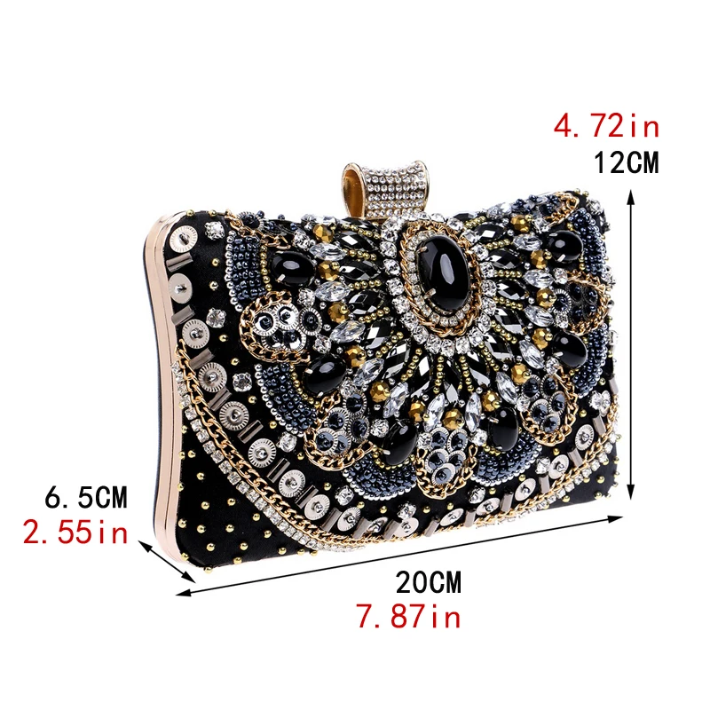 Vintage Women Black Beaded Evening Clutch Bags Ladies Box Metal Clutches Wedding Cocktail Party Handbags Purses