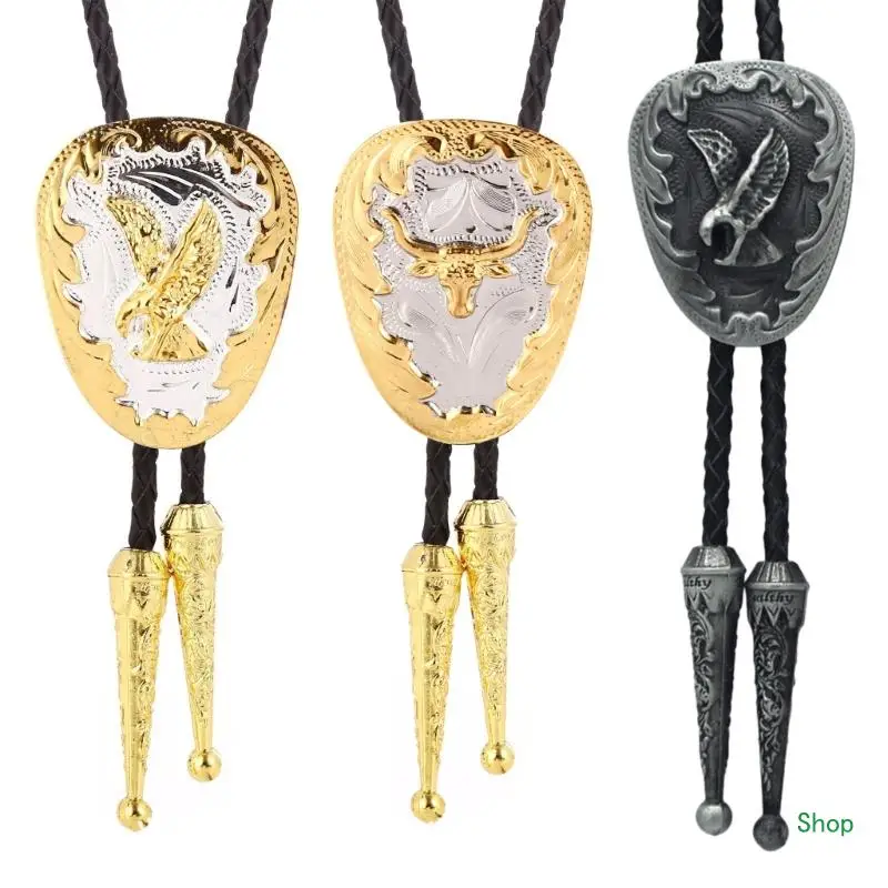 

Dropship Braided Shoestring Bolo Tie with Metal Cowboy Necktie Necklace Country Bolo Tie Cowboy