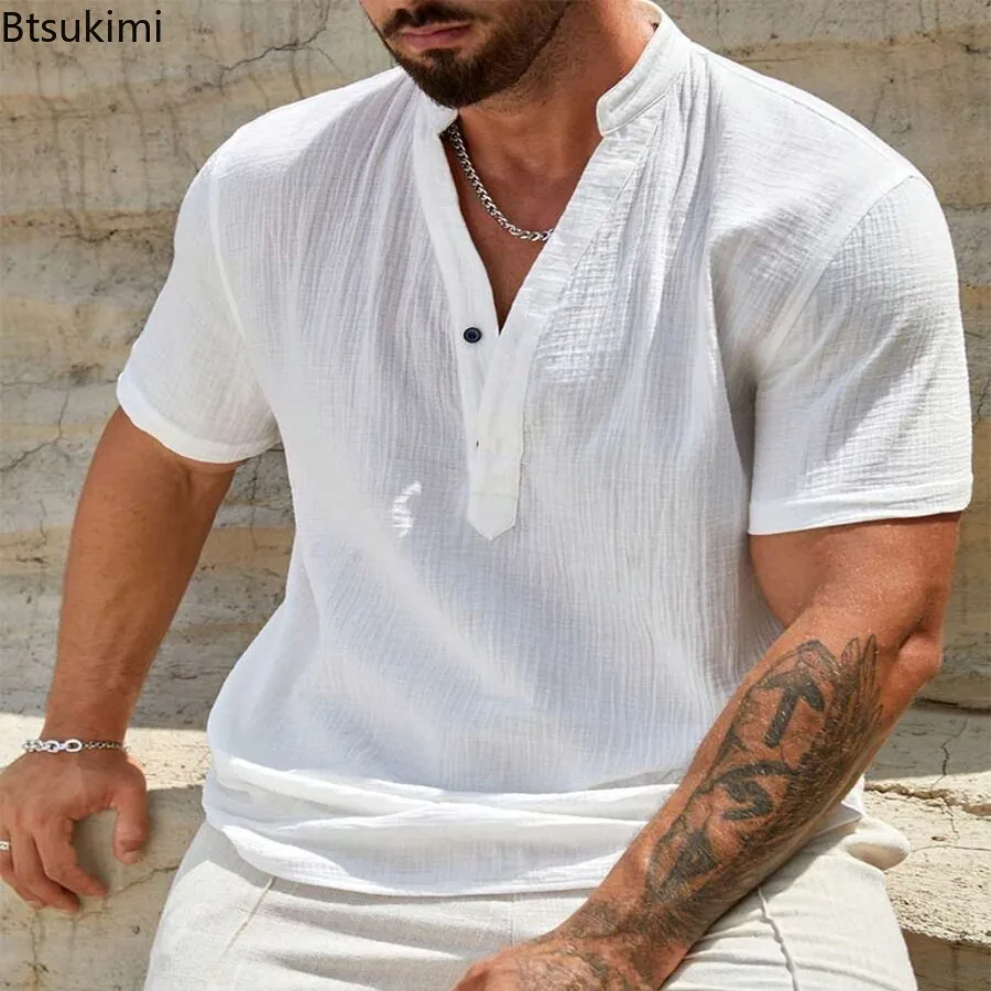 Summer New Style Men's Casual Shirt Solid Fashion Cotton Linen Trend High Quality Short Sleeve Cuban Territory Collar Shirt Top