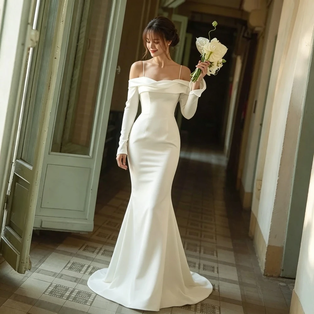 Customized Minimalist Off Shoulder Satin Mermaid Wedding Dresses Long Sleeves Straightening Strap Back Fold Bridal Gown Robe