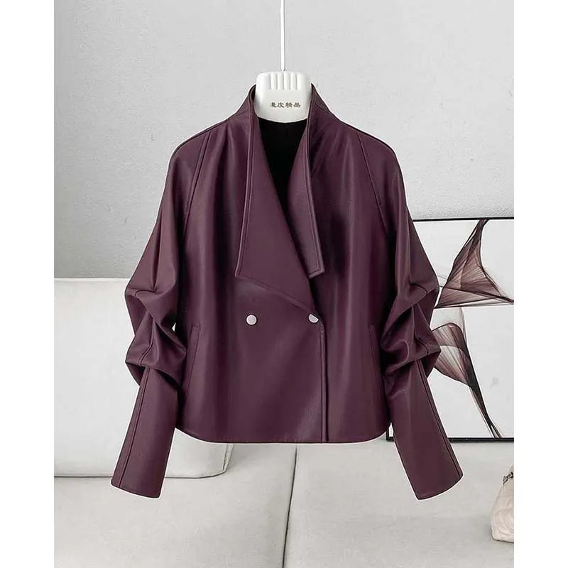 2026 New Wine Red Short Leather Jacket Women Autumn Winter Temperament Loose Women's Washed PU leather Motorcycle Jackets Tops