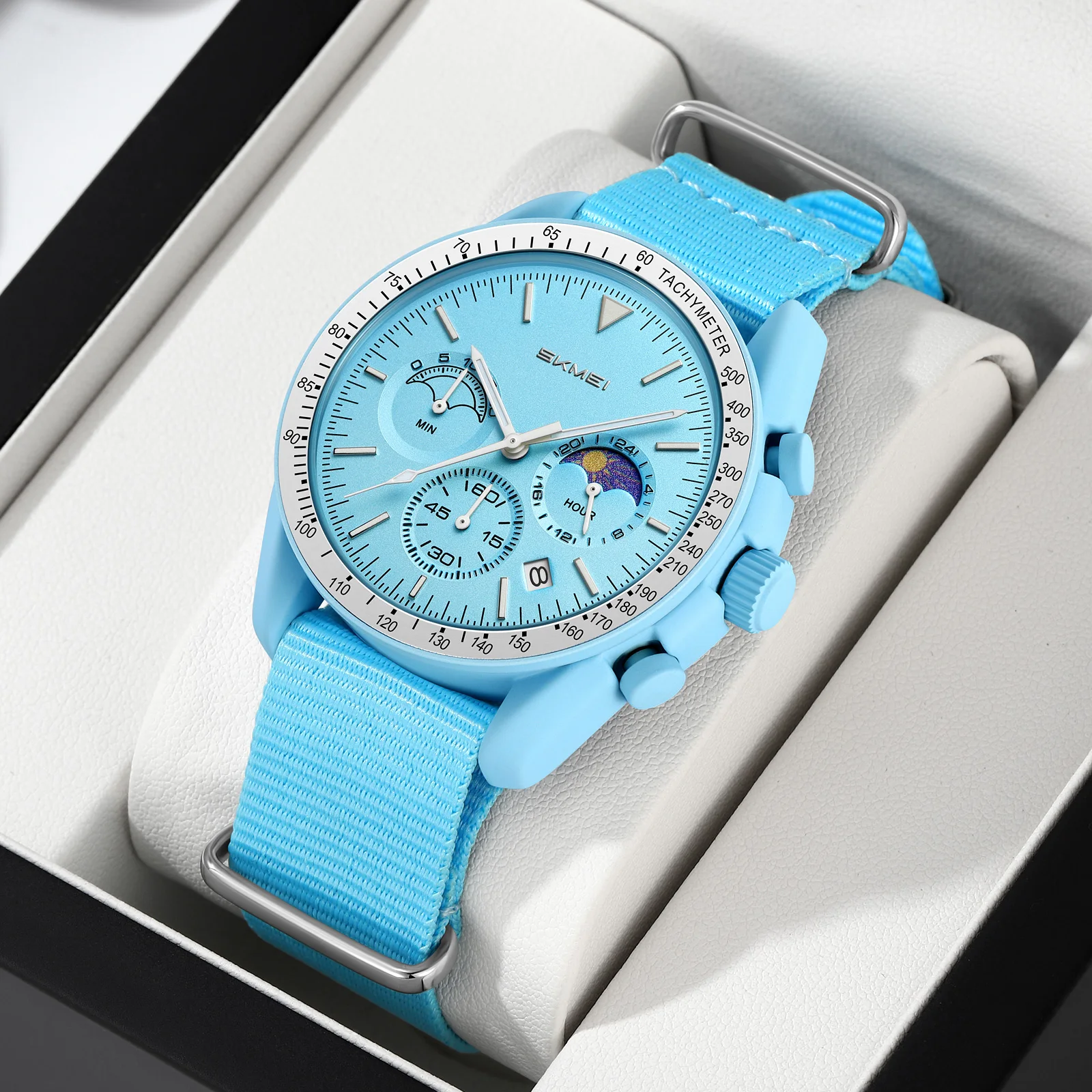 SKMEI 9392 Men’s Fashion Quartz Wristwatch 30M Waterproof Chronograph Timer Moon Sun Pattern Adjusted Design Countdown Timer