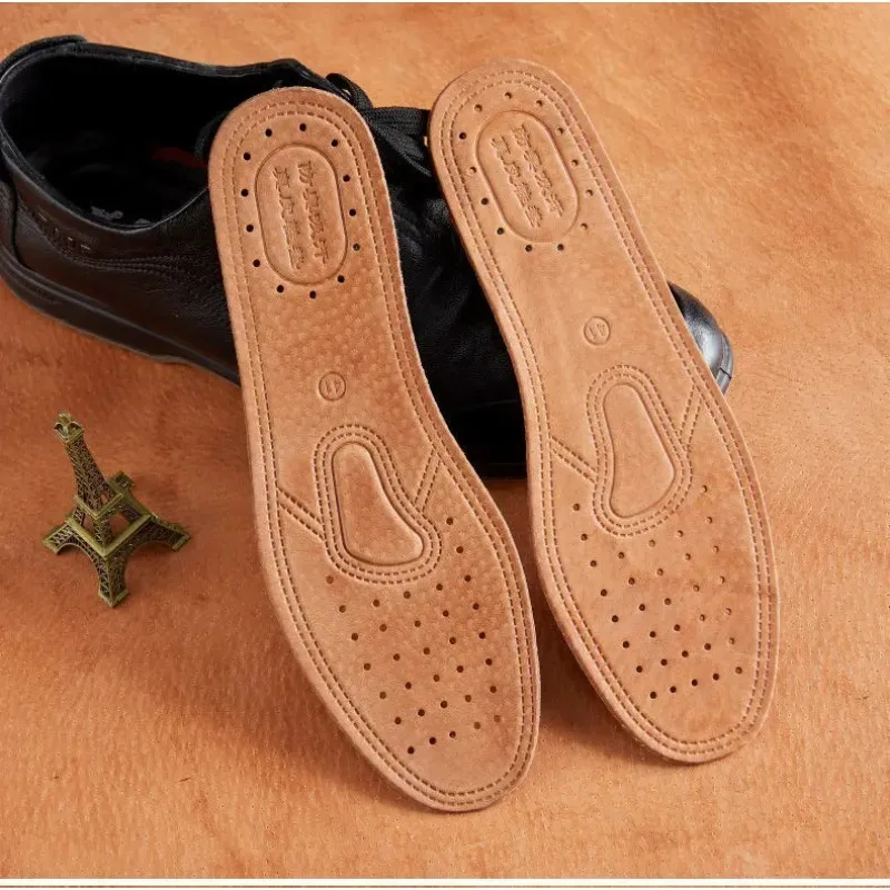 1 Pair Premium Genuine Cowhide Insoles Comfortable Breathable Deodorant Shoe Inserts Durable Leather Foot Soles for Men's Casual