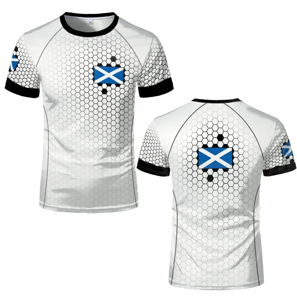 Scotland Flag Pattern Round Neck Short-Sleeve T-Shirt Hexagonal Grid Print Casual Top for Daily Sports