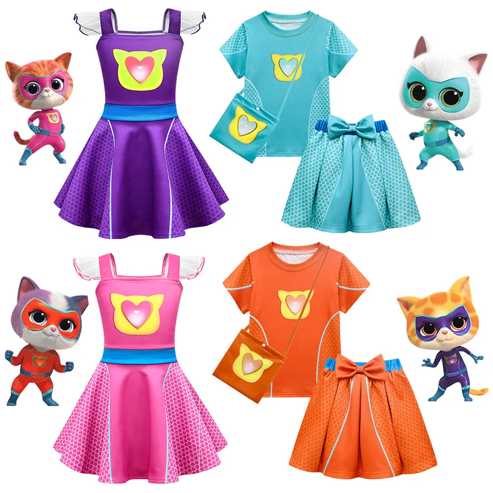 Anime SuperKitties Dress Super Cat Cosplay Costume for Girls Flying Sleeved Dress + Bag Halloween Carnival Birthday Gifts Suits