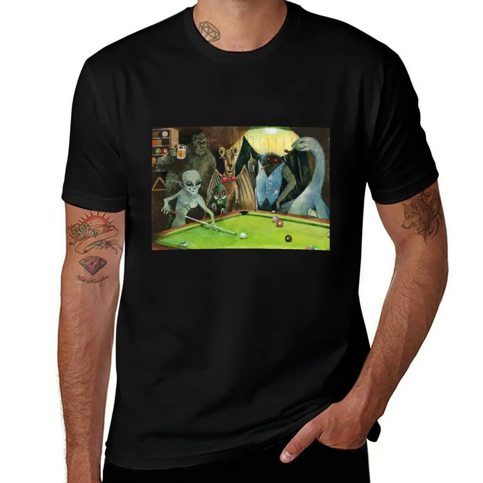 Cryptids playing pool T-Shirt Casual Fashion Short Sleeve Cotton T-Shirt