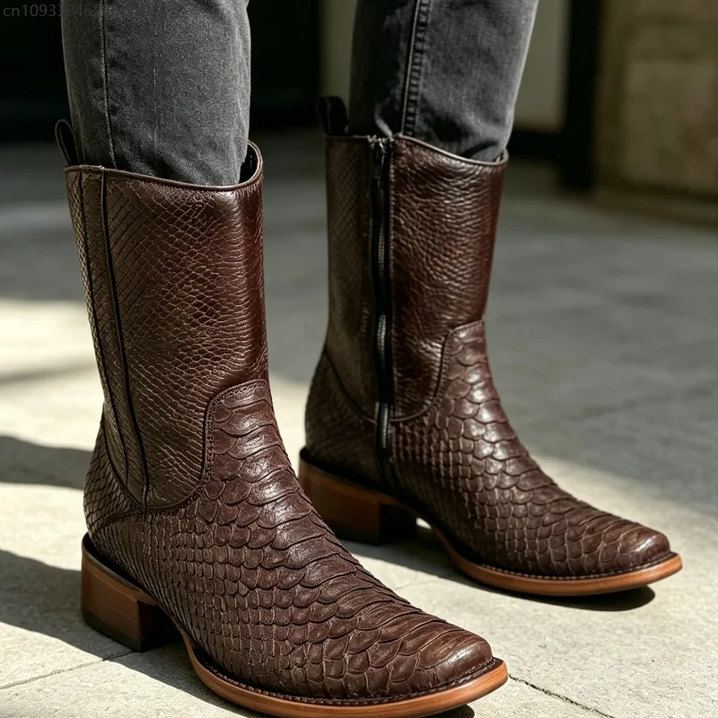 

Vintage Cosplay Chunky Heel Men's Riding Boots Crocodile Square Toe Snakeskin Print Side Zipper Mid-calf Shoes Casual Footwear