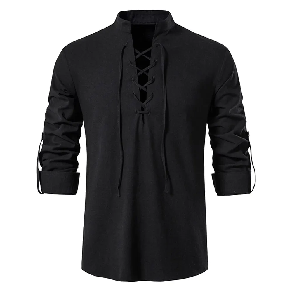 King Billion Herenoverhemden Casual Heren Katoen Linnen T-shirt met lange mouwen Lente Herfst Vintage Shirt Amerikaanse maat Trekkoord Hals