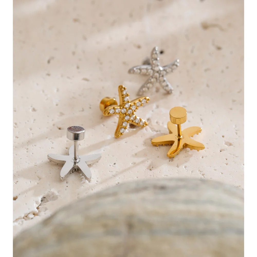 Yhpup Ocean Series Stainless Steel Zirconia Starfish Stud Earrings High Quality Summer Delicate Vacation Jewelry