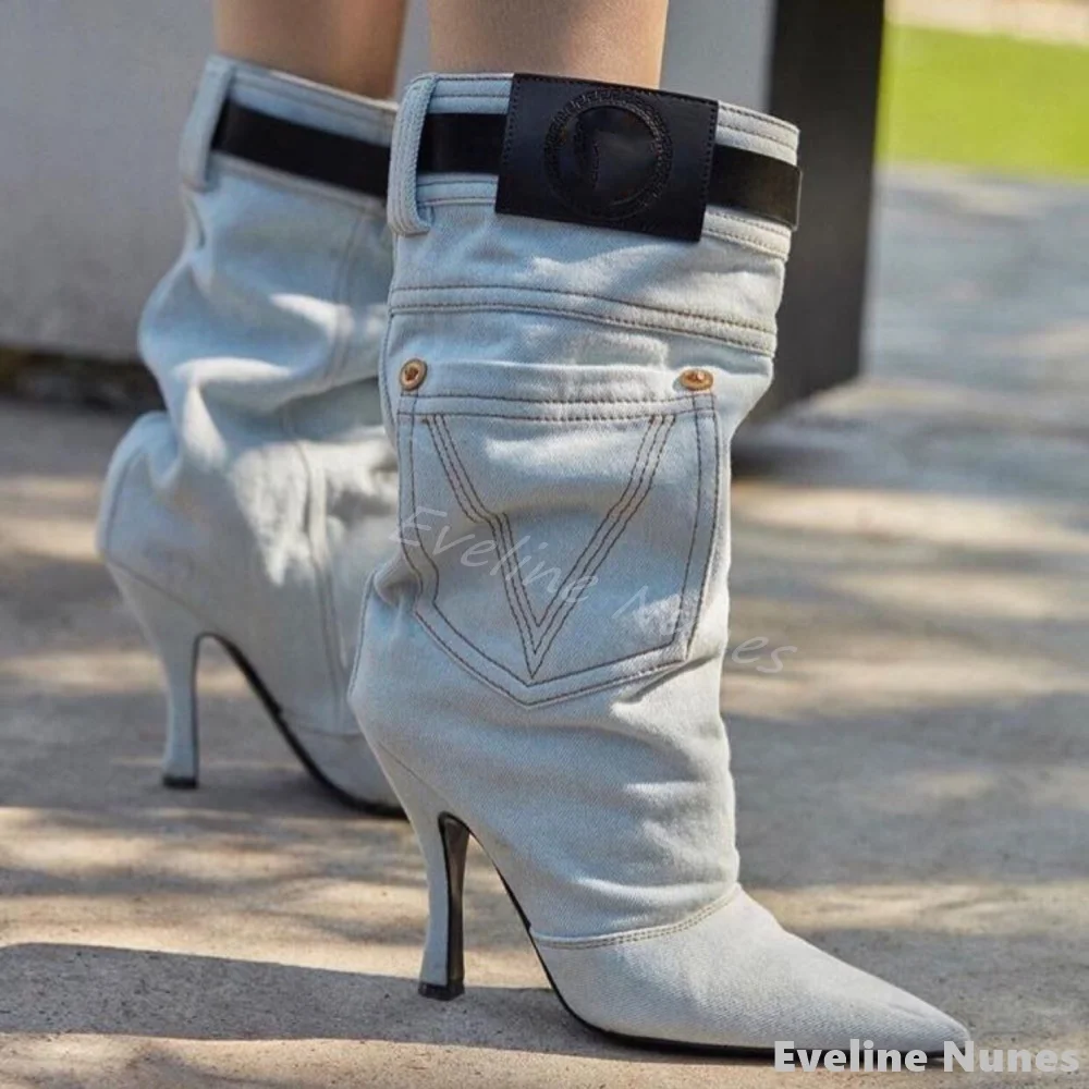 

Thin Heels Pointed Toe Blue Cowboy Boots Women Mixed Colors Slip On Belt Buckle Short Boots Spring New Fashion Boots Large Size