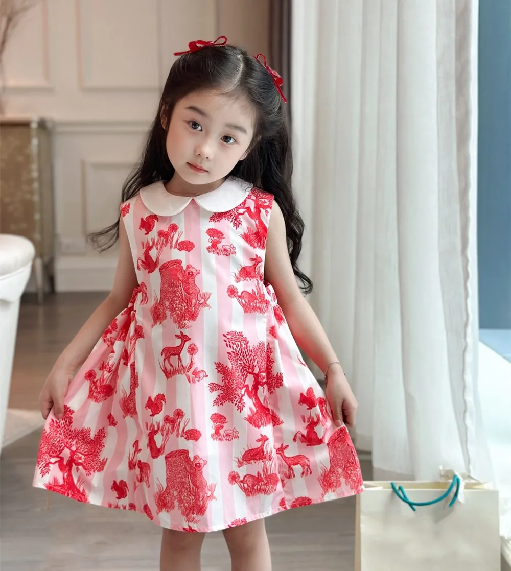 2025 spring summer kids girls clothes baby dress Red lace embroidered dress letter embroidery white red flared sleeve dress