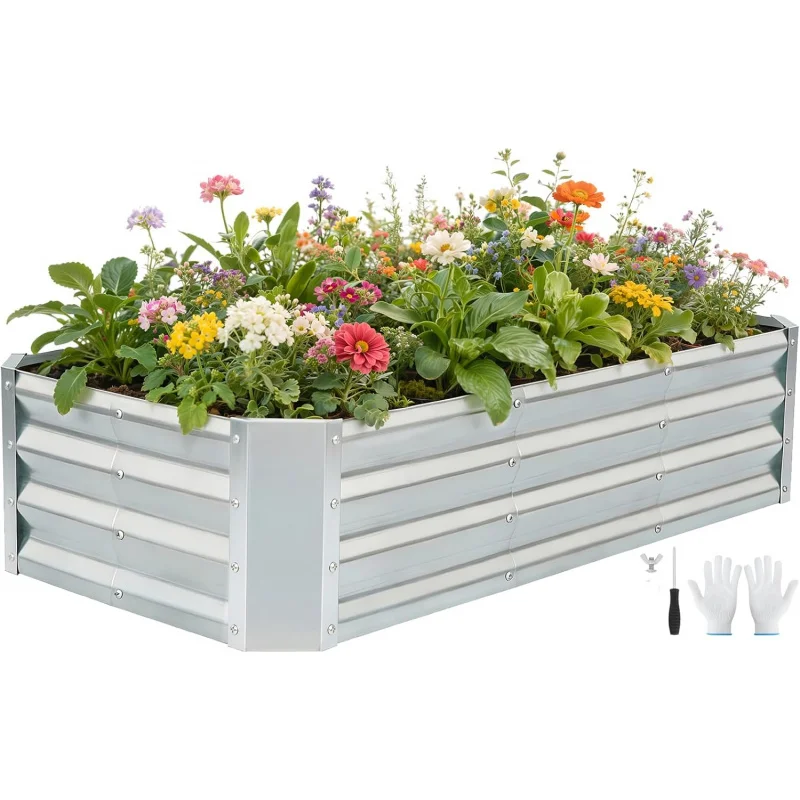 4x2x1ft Galvanized Metal Planting Box Open Bottom Silver for Outdoor Vegetable Flower Garden Bed