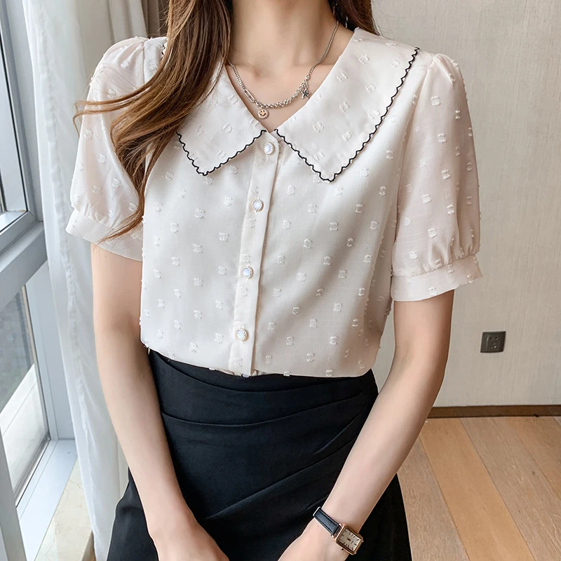 Short Sleeve Blouse Women Blusas Mujer De Moda 2024 Verano Doll Collar Chiffon Blouse Shirt Women Tops Shirts Blouses Femme F442