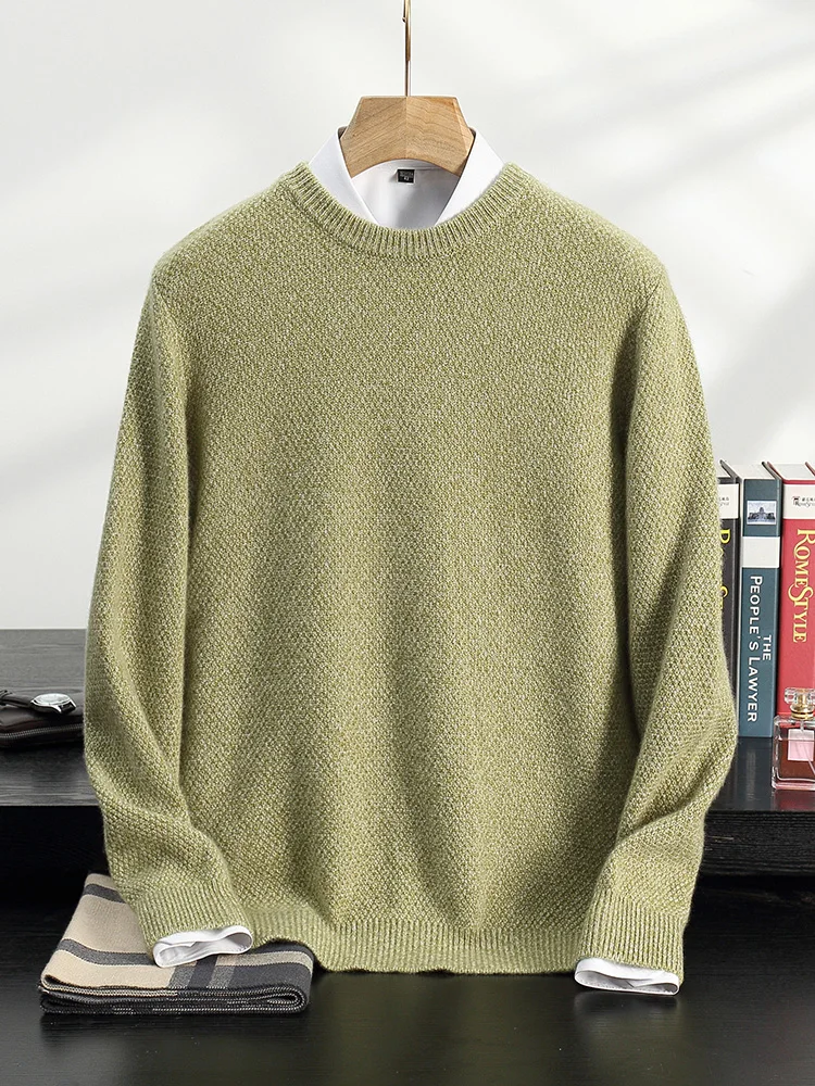 

Autumn Winter New Thickened 100% Pure Cashmere Men's Round Neck Knitted Pullover Business Leisure Undercover Long Sleeve Sweater