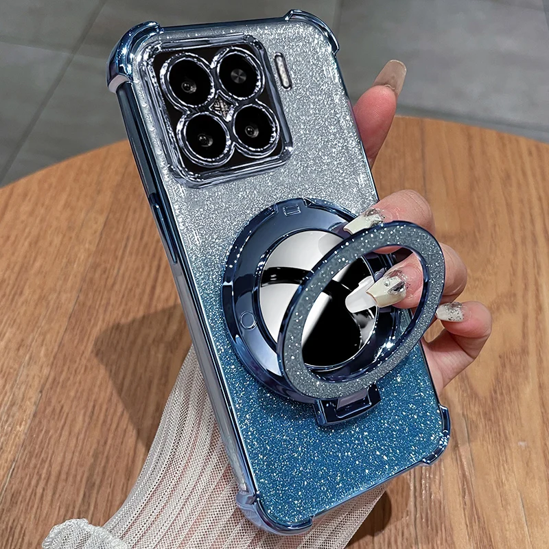 For Xiaomi 14T Pro Case Mirror Glitter Holder Luxury Camera Protection Plating Airbag Soft Silicone Shockproof Bumper Back Cover