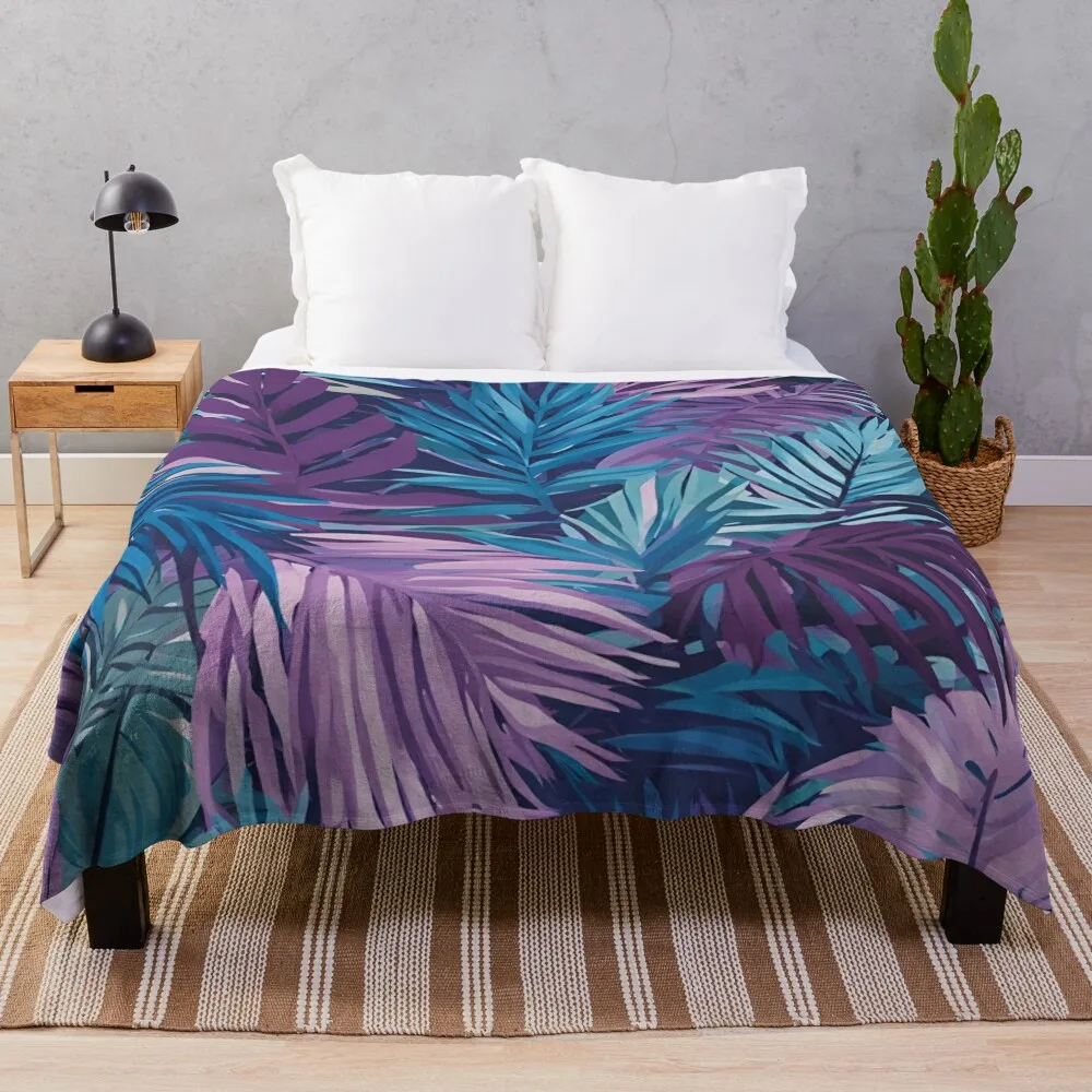 

Purple And Blue Palm Leaf Tropical Print Throw Blanket Bed bed plaid Blankets