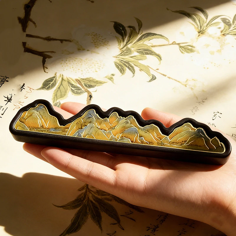 Chinese Brass Mountain Brush Pen Rest Calligraphy Brush Rack Four Treasures of the Study Cultural Creative Desktop Decoration