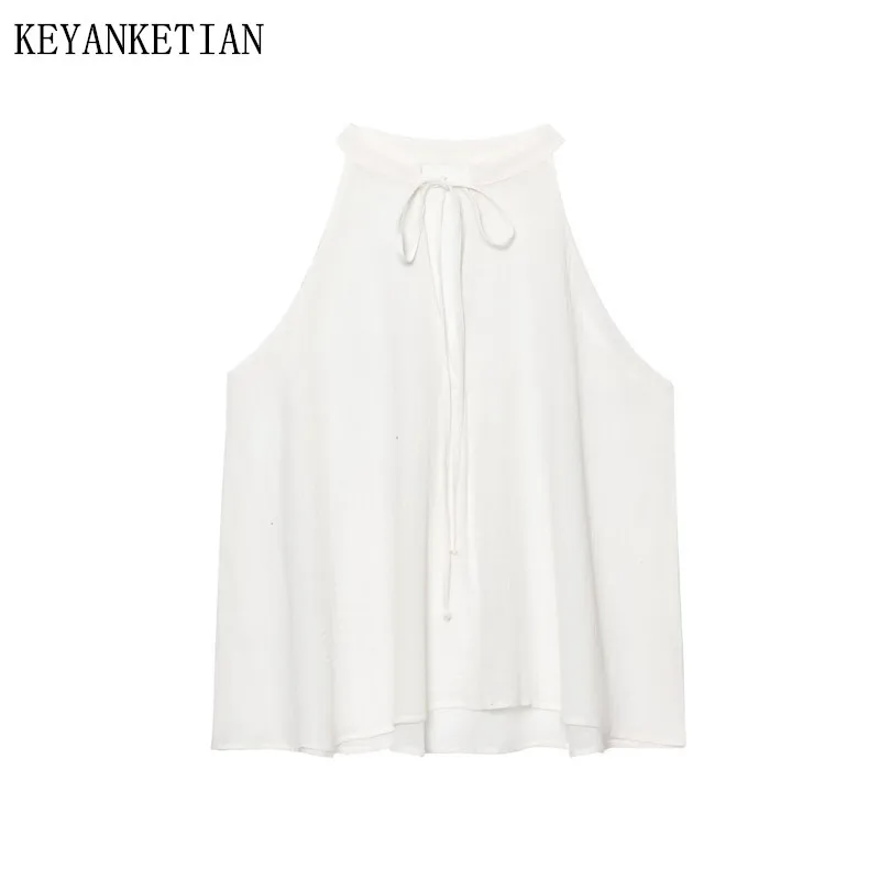 

KEYANKETIAN 2025 Summer New Women's Bow Lace Up O-Neck Sleeveless Shirt Office Lady Loose Linen Vest Blouses Thin Pullover Top