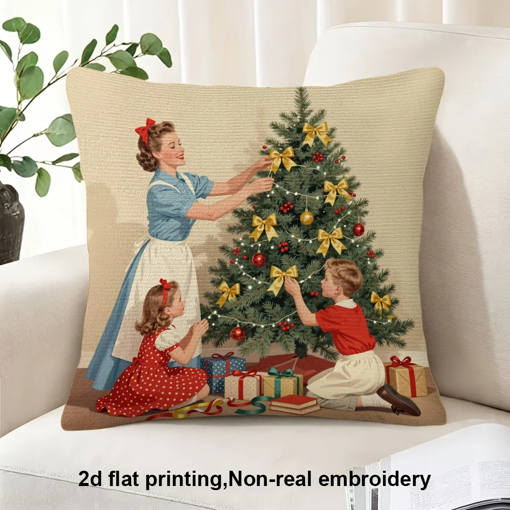 Vintage Christmas Family Pillow Case, Retro Mom Kids Tree Decor Cushion Cover, Xmas Home Sofa Decoration Gift