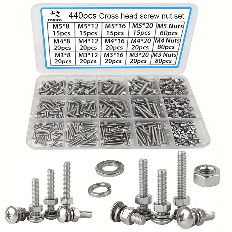 440pcs Stainless Steel Phillips Pan Head Screw and Nut Set, M3 M4 M5 Phillips Pan Head Screws, DIY Tool Screw and Nut Kit