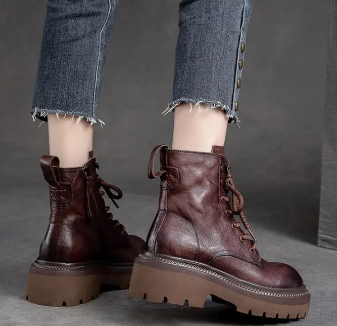 6CM Handmade Women Genuine Leather Boots Autumn Winter Round Toe Thick Heel Chunky Platform Retro Style Warm Mid Calf Boots image 4