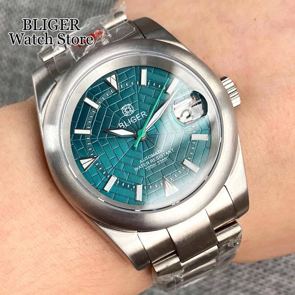 BLIGER 36mm/39mm NH35A Automatic Men's Watch Blue Webbed Dial Green Luminous Brushed Bezel Steel Bracelet Date