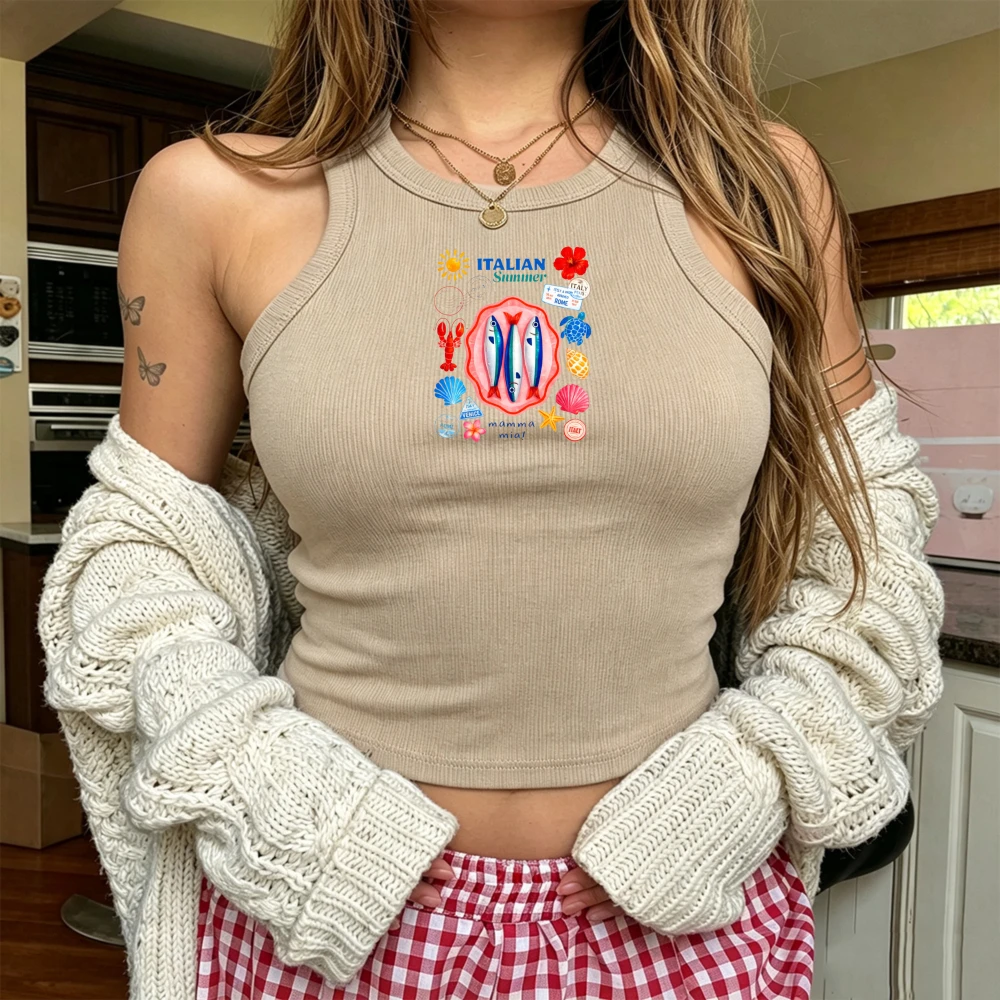 Italian Summer Seafood Collage Print Ribbed Crop Tank Women Coastal Grandma Summer Halter Sleeveless Slim Camisole Y2k Tops