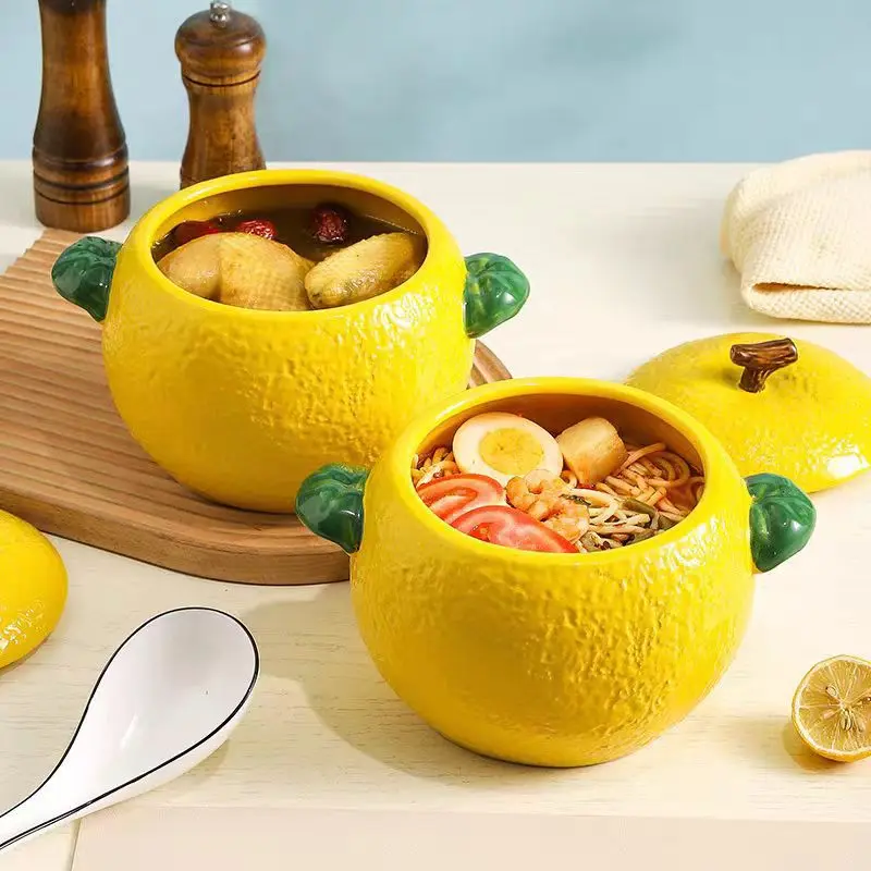 New Ceramic Soup Bowl with Lid Large Capacity Double Ear Soup Pot Household Noodle Bowl for Ramen Soup Hot Soup Serving