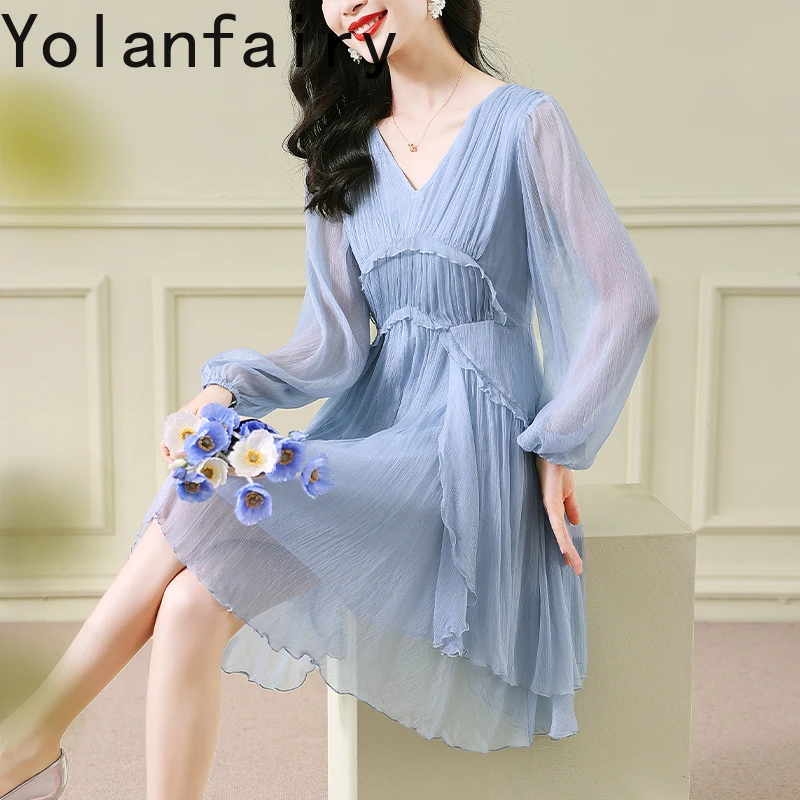 YOLANFAIRY 100% فستان حريري التوت الحقيقي للمرأة خريف 2025 فستان أنيق بكم طويل فساتين نسائية موضة فستان أسود